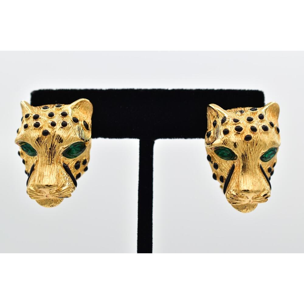 Alexis Kirk Vintage Leopard Clip On Earrings Green Crystal Gold Signed 1980s 9I